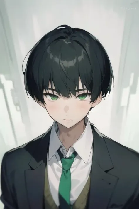 masterpiece, best quality, high quality, 1boy, solo, male focus, looking at viewer, upper body, <lora:hiroomi_nase:0.70>, hiroomi_nase, black hair, green eyes, , formal, necktie, dress shirt