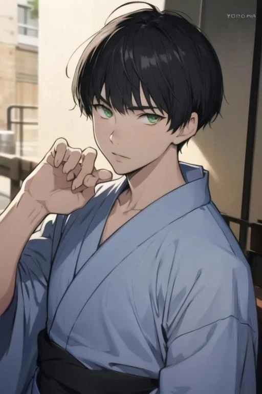 masterpiece, best quality, high quality, 1boy, solo, male focus, looking at viewer, upper body, <lora:hiroomi_nase:0.70>, hiroomi_nase, black hair, green eyes, , yukata