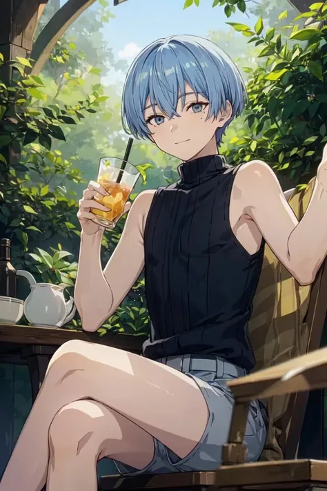 ((Masterpiece, best quality, highres)), Himmel, 1boy, light blue hair, short hair, grey eyes, mole underside the left eye, black sleeveless turtleneck, black short shorts, sitting crossed legs, looking down on the viewer, sipping iced tea in a glass, selfie shot, forest background, (2D, exquisite light and shadow, depth of field, male focus), <lora:himmel:0.6>, <lora:add_detail:0.4>