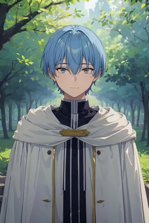 ((Masterpiece, best quality, highres)), Himmel, 1boy, light blue hair, short hair, grey eyes, mole underside the left eye, black shirt, white cloak, forest background, gentle expression, enjoying breezy wind, (2D, exquisite light and shadow, depth of field, male focus), <lora:himmel:0.6>, <lora:add_detail:0.4>