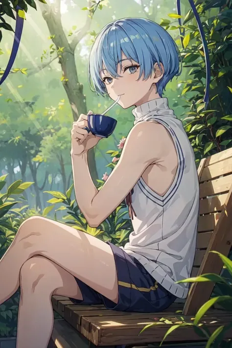 ((Masterpiece, best quality, highres)), Himmel, 1boy, light blue hair, short hair, grey eyes, mole underside the left eye, black sleeveless turtleneck, black short shorts, sitting crossed legs, looking down on the viewer, sipping tea, view from the side, forest background, (2D, exquisite light and shadow, depth of field, male focus), <lora:himmel:0.6>, <lora:add_detail:0.4>