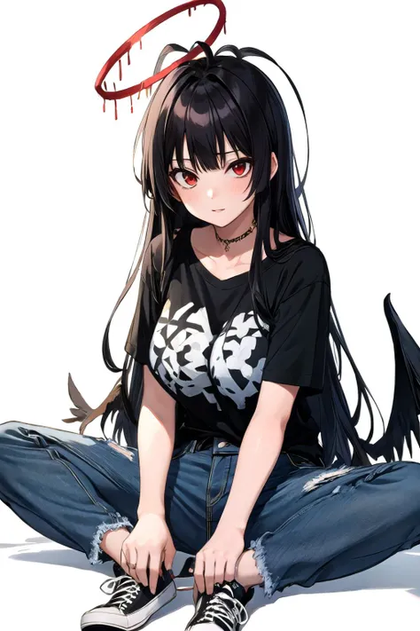 tsurugi ba,  looking at viewer, white background, simple background,  halo,  red eyes,large breasts, antenna hair,black wings, solo, black hair, 1girl, long hair, <lora:tsurugi_ba:1> ,Boyfriend jeans, tucked in tee, sneakers