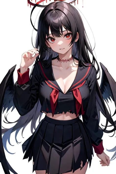 tsurugi ba, school uniform, long sleeves, long skirt, looking at viewer, very long hair, white background, torn clothes, simple background, large breasts, halo, black skirt, skirt, serafuku, red eyes, sailor collar, wings, solo, black serafuku, neckerchief, red neckerchief, parted lips, black hair, 1girl, cleavage, long hair<lora:tsurugi_ba:1>