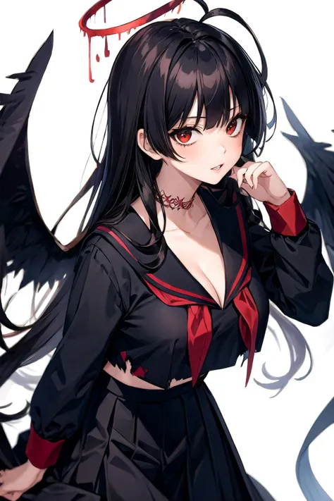 tsurugi ba, school uniform, long sleeves, long skirt, looking at viewer, very long hair, white background, torn clothes, simple background, large breasts, halo, black skirt, skirt, serafuku, red eyes, sailor collar, wings, solo, black serafuku, neckerchief, red neckerchief, parted lips, black hair, 1girl, cleavage, long hair<lora:tsurugi_ba:1>