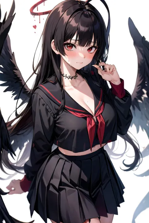 tsurugi ba, blush, pleated skirt, school uniform, long sleeves, sweat, looking at viewer, very long hair, white background, black wings, simple background, large breasts, halo, black skirt, red eyes, closed mouth, wings, solo, black serafuku, red neckerchief, black hair, 1girl, cleavage, long hair, blunt bangs<lora:tsurugi_ba:1>