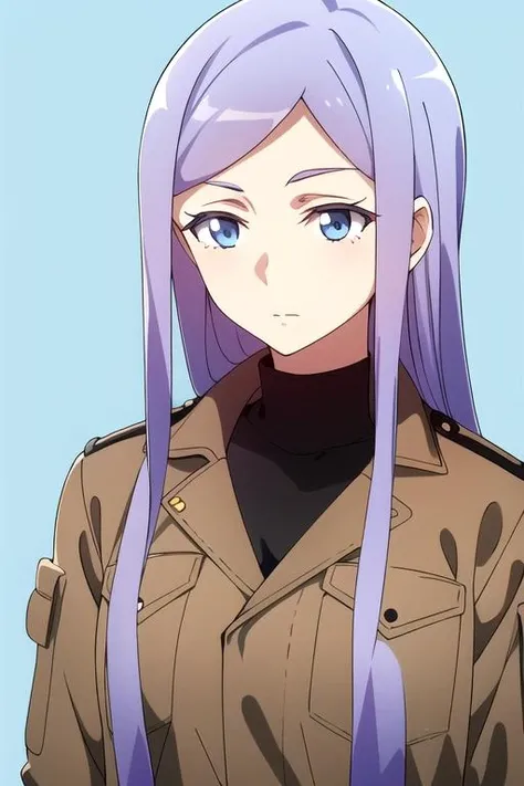 masterpiece, highres, 1girl, <lora:AnjuEmmaR4:0.7>, AnjuEmmaR4, purple hair, blue hair, (blue background), brown jacket