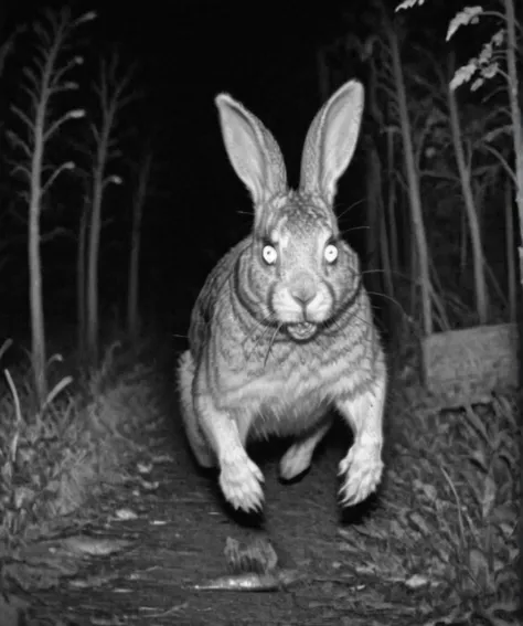 monochrome, rabbit-zombie runs away, horror <lora:Camera trap:1>