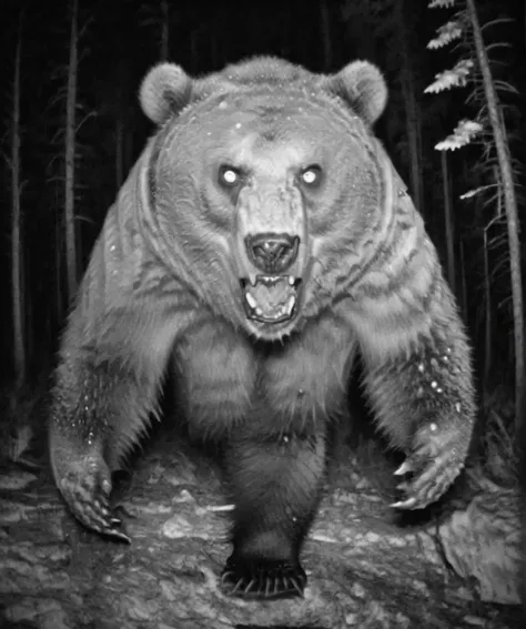 Camera trap, monochrome, The angry bear is yelling, horror <lora:Camera trap:1>