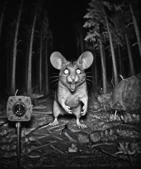 Camera trap, monochrome, evil giant mouse is yelling, horror <lora:Camera trap:1>