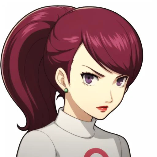 1girl, portrait, solo, white background, jessie \(pokemon\), long hair, pink hair, purple eyes, lipstick, green earrings, team rocket, crop top, hair over shoulder, serious,
<lora:Jessie:0.8> <lora:p5_Portrait_v0.3:0.7>