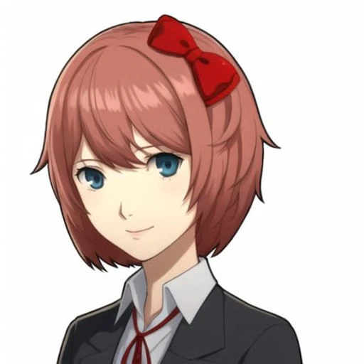 1girl, portrait, sayorischool, sayori \(doki doki literature club\), white background, unkempt pink hair, blue eyes, school uniform, red bow in hair, arms at sides, neck ribbon, slight smile
<lora:SayoriSchool:0.9> <lora:p5_Portrait_v0.3:0.6>