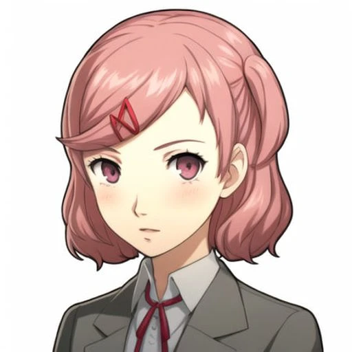 1girl, portrait, solo, white background, short pink hair, swept bangs, hairclip, school uniform, pink eyes, neck ribbon, tsundere, hair ribbon, grey blazer, blush, short twintails,
<lora:NatsukiDDLC:0.7> <lora:p5_Portrait_v0.3:0.7>