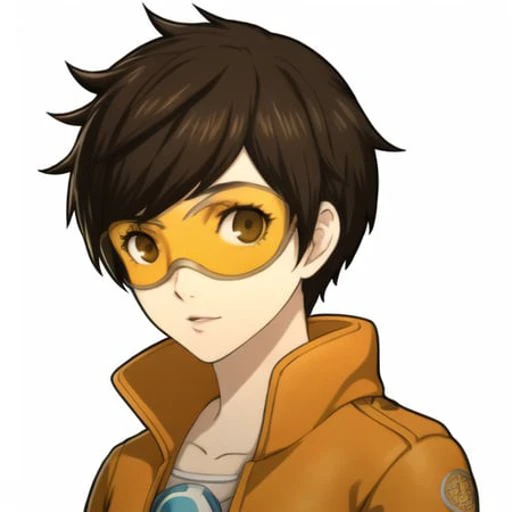 1girl, portrait, solo, white background, corneo_tracer, tracer \(overwatch\), brown hair, (orange goggles:1.3), brown jacket,
<lora:p5_Portrait_v0.3:0.7>
