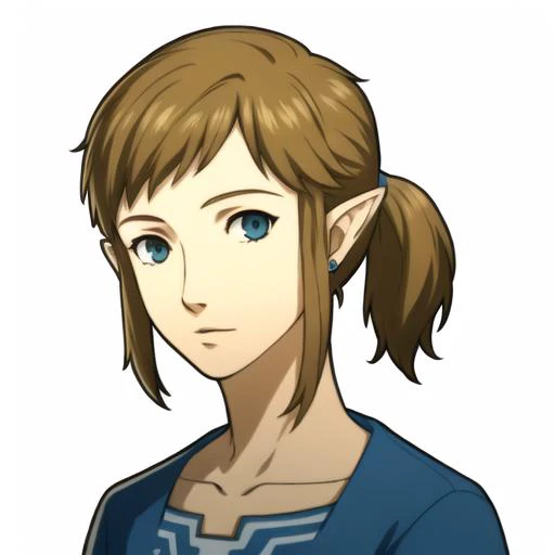 1boy, portrait, solo, white background, link, blonde hair, blue eyes, blue tunic, blue earrings, pointy ears, belt, (short low ponytail)

<lora:BOTW_Link:1> <lora:p5_Portrait_v0.3:0.7>