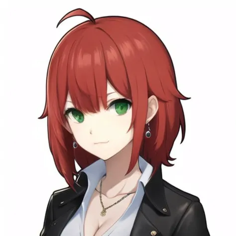 green_eyes,red_hair, collarbone, breasts, solo, 1girl, ahoge, Erio, <lora:Erio_v0.3:0.45>,Erio_leather, cleavage, black_coat, short_sleeves_long_coat, white_shirt, short_hair, collared shirt, short_sleeves, necklace, earrings, upper body, portrait, masterpiece, best quality, highres, :3, wind blowing, standing, looking at viewer, <lora:persona5PortraitLora_v03:0.5>, simple background, white background,