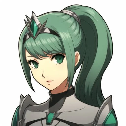 1girl, portrait, solo, white background, hair ornament, pneuma \(xenoblade\), absurdres, bangs, chest jewel, earrings, gem, gloves, greek text, green eyes, green hair, headpiece, highres, inuisbink, jewelry, long hair, ponytail, solo, swept bangs, tiara, very long hair, <lora:persona5PortraitLora_v03:0.7> <lora:pyraMythraPneuma_50Epochs:0.4>