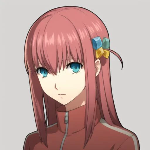 1girl, portrait, solo, white background, hair ornament, cube hair ornament, blue eyes, pink long hair, pink track jacket, bangs, hair between eyes, gloom (expression) <lora:hitoriGotohBocchiThe_v1:1> <lora:persona5PortraitLora_v03:0.7>