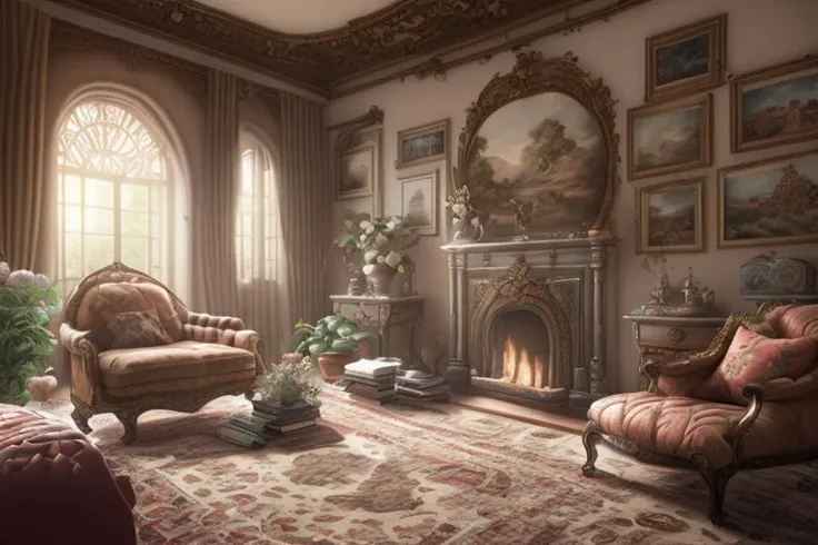 (bedroomai)++, (a baroque style livingroom with (Plush sofa and armchair), (centrally positioned, single warm fireplace:1.1), (Soft pillows and blankets), (Rustic coffee table with a clean empty surface), (Fluffy rug), (framed portrait orientation paintings on the wall), (Vintage curtains), (Bookshelf with family photos and books), (Art accent lighting), (Artisanal pottery), (Earthy wood decor), (Fresh flowers), (Standard camera), (Wide-angle lens)), hidden object game, video game, concept art