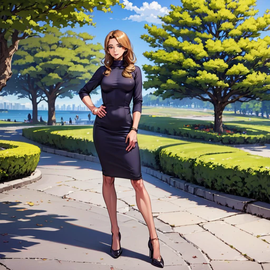 one anime milf in a dress outdoors