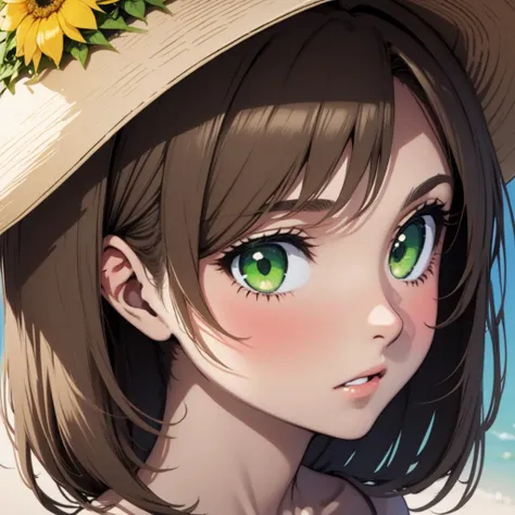 brown hair, 1girl, sun hat, green eyes