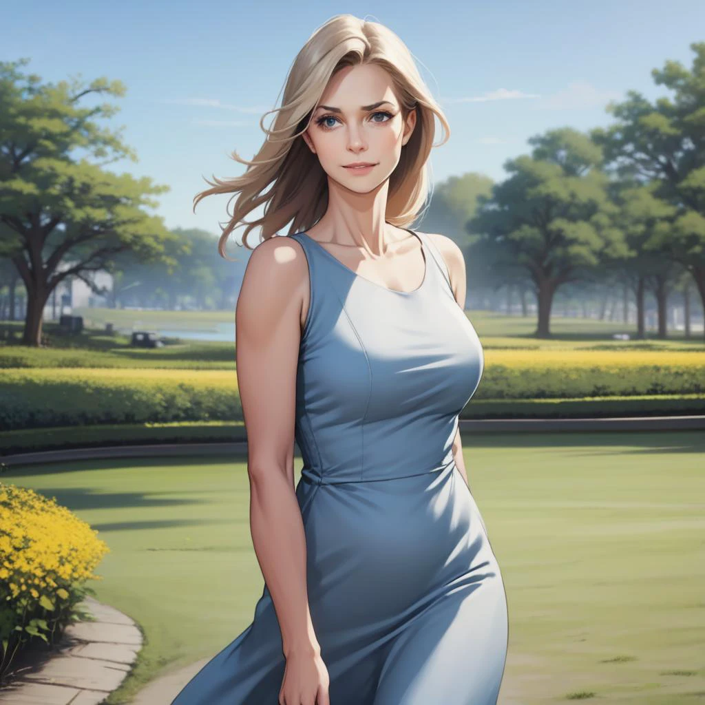 one mature woman in a dress outdoors