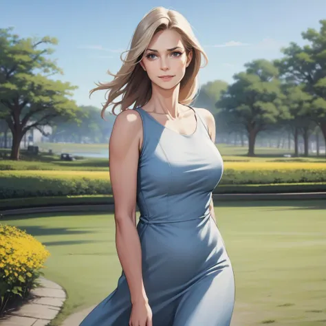 one mature woman in a dress outdoors
