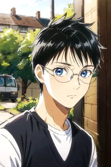 masterpiece, best quality, sketch, 1boy, solo, male focus, looking at viewer, upper body, depth of field, <lora:arata_wataya:0.66>, arata_wataya, black hair, blue eyes, glasses, , , time travel,