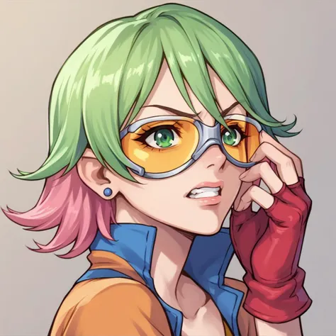 <lora:sonosheemclaren_v2:1>
score_9, score_8_up, score_7_up, score_6_up, score_5_up, score_4_up,
sonoshee mclaren, 1girl, green hair, multicolored hair, pink hair, green eyes, gloves, solo, goggles, earrings, teeth, fingerless gloves, clenched teeth, safety glasses, sunglasses