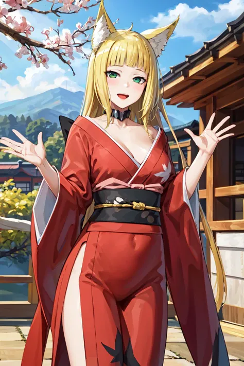 masterpiece, best quality, highres,hmsan, 1girl, animal ears, tail, large breasts, long hair, japanese clothes, red kimono, choker, obi, <lora:sanjouno_haruhime_v1:0.7>, outdoors, cowboy shot, waving, smile, open mouth
