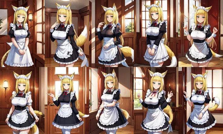 masterpiece, best quality, highres, hmsan, 1girl, animal ears, tail, large breasts, maid headdress, maid, <lora:sanjouno_haruhime_v1:0.7>, indoors, cowboy shot, standing, smile