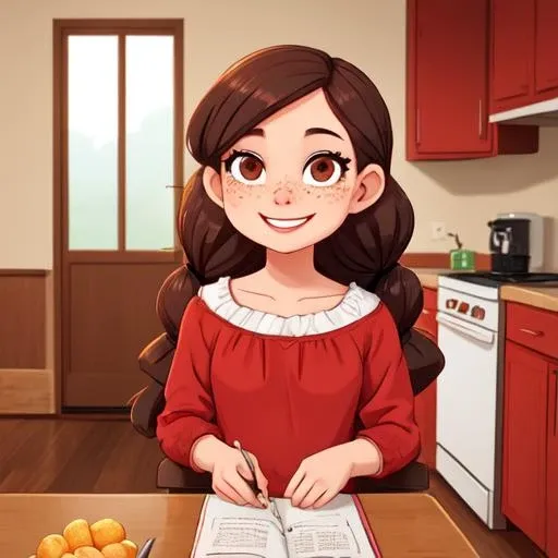1girl, age 25, caucasian, pearly skin, freckles, big brown round eyes, high forehead, dark blonde wavy hair, braid, oval face, cute, highly detailed, sharp focus, stunningly beautiful, looking at camera, smile, sultry look, makeup dlanham <lora:dlanham_v1:0.6> sitting on a chair in the kitchen