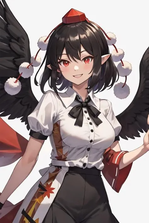 best quality, masterpiece, highres, solo, {shameimaru_aya_touhou:1.15}, short_hair, hat, black_hair, tokin_hat, red_eyes, bangs, red_headwear, smile, wings, black_wings, ribbon, upper_body, hair_between_eyes, pointy_ears, breasts