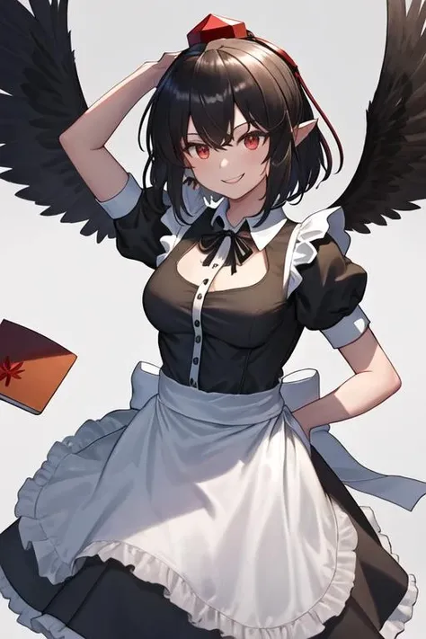best quality, masterpiece, highres, solo, {maid:1.40}, {long maid dress:1.15}, {shameimaru_aya_touhou:1.15}, short_hair, hat, black_hair, tokin_hat, red_eyes, bangs, red_headwear, smile, wings, black_wings, ribbon, upper_body, hair_between_eyes, pointy_ears, breasts