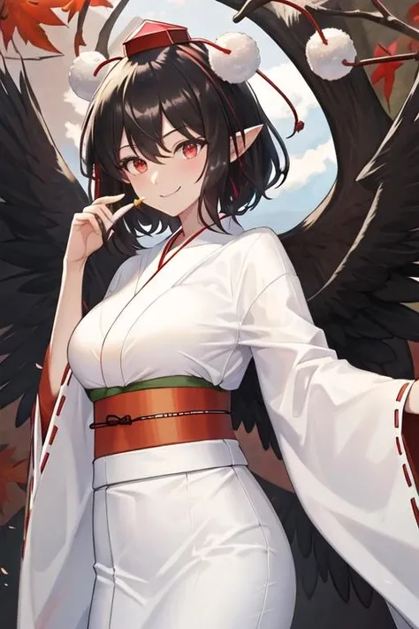 best quality, masterpiece, highres, solo, {white kimono:1.35}, {red hakama:1.35}, {wide sleeves:1.20}, {shameimaru_aya_touhou:1.15}, short_hair, hat, black_hair, tokin_hat, red_eyes, bangs, red_headwear, smile, wings, black_wings, ribbon, upper_body, hair_between_eyes, pointy_ears, breasts