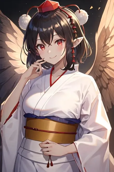 best quality, masterpiece, highres, solo, {yukata:1.40}, {kimono:1.20}, {shameimaru_aya_touhou:1.15}, short_hair, hat, black_hair, tokin_hat, red_eyes, bangs, red_headwear, smile, wings, black_wings, ribbon, upper_body, hair_between_eyes, pointy_ears, breasts