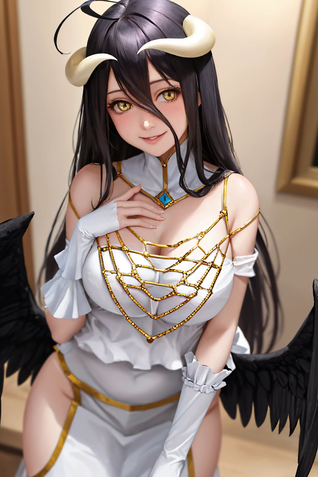 (masterpiece, best quality:1.2), solo, 1girl, albedodef, naughty face, smile, looking at viewer, hands on own chest, ahoge, horns, slit pupils, dress, hip vent, white gloves, black wings, bare shoulders <lora:ol_albedo:1.0>