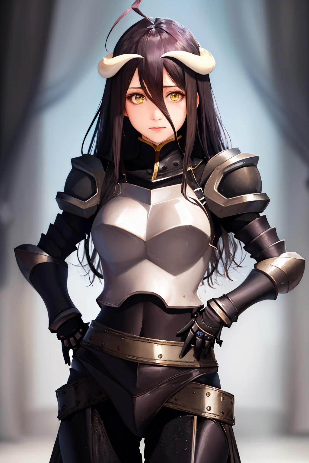 (masterpiece, best quality:1.2), solo, 1girl, albedoarmor, expressionless, looking at viewer, hand on hip, ahoge, slit pupils, black armor, pauldrons, shoulder armor, gauntlets <lora:ol_albedo:1.0>