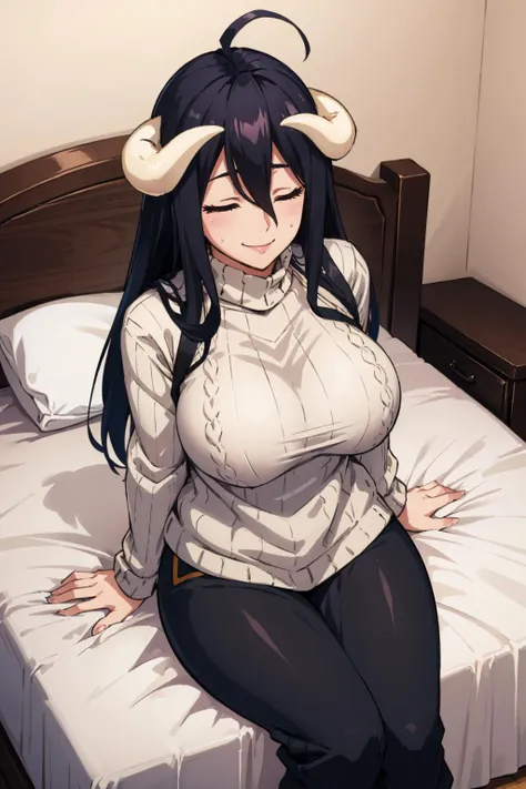 masterpiece, best quality, albedodef, ahoge, horns, black hair, cable-knit sweater, sweatpants, bed, sitting, smile, huge breasts, closed eyes, from above <lora:ol_albedo-17:0.8>