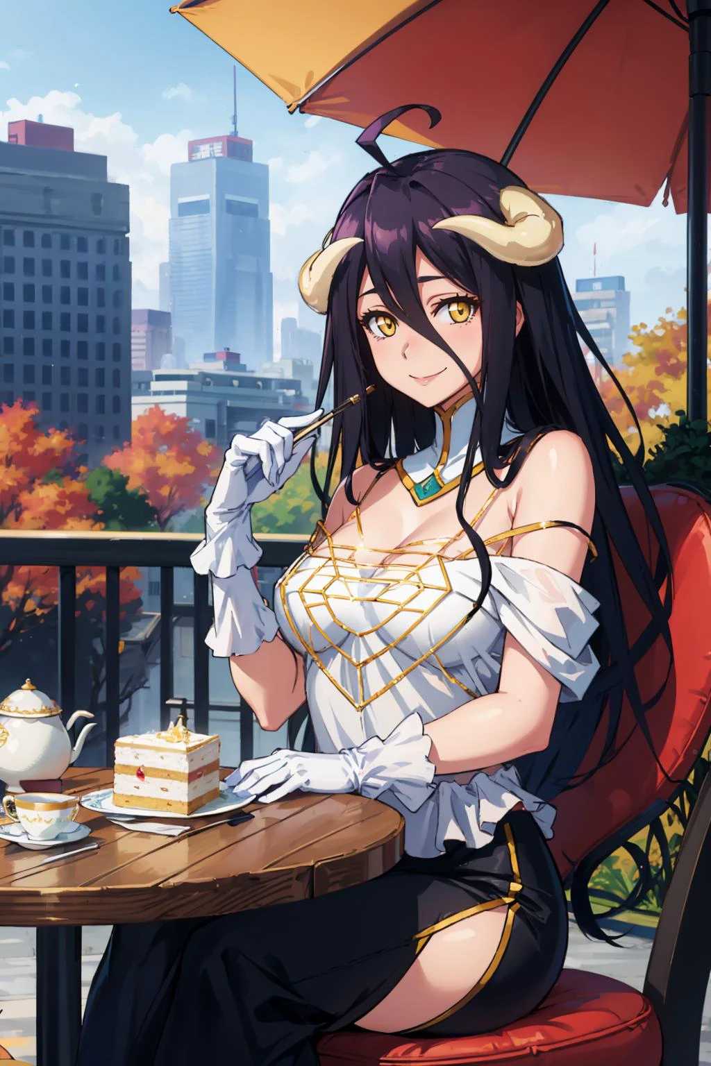 masterpiece, best quality, albedodef, ahoge, horns, slit pupils, dress, hip vent, white gloves, black wings, bare shoulders, sitting, table, city street, parasol, cake, looking at viewer, tea, autumn, smile <lora:ol_albedo-17:1>