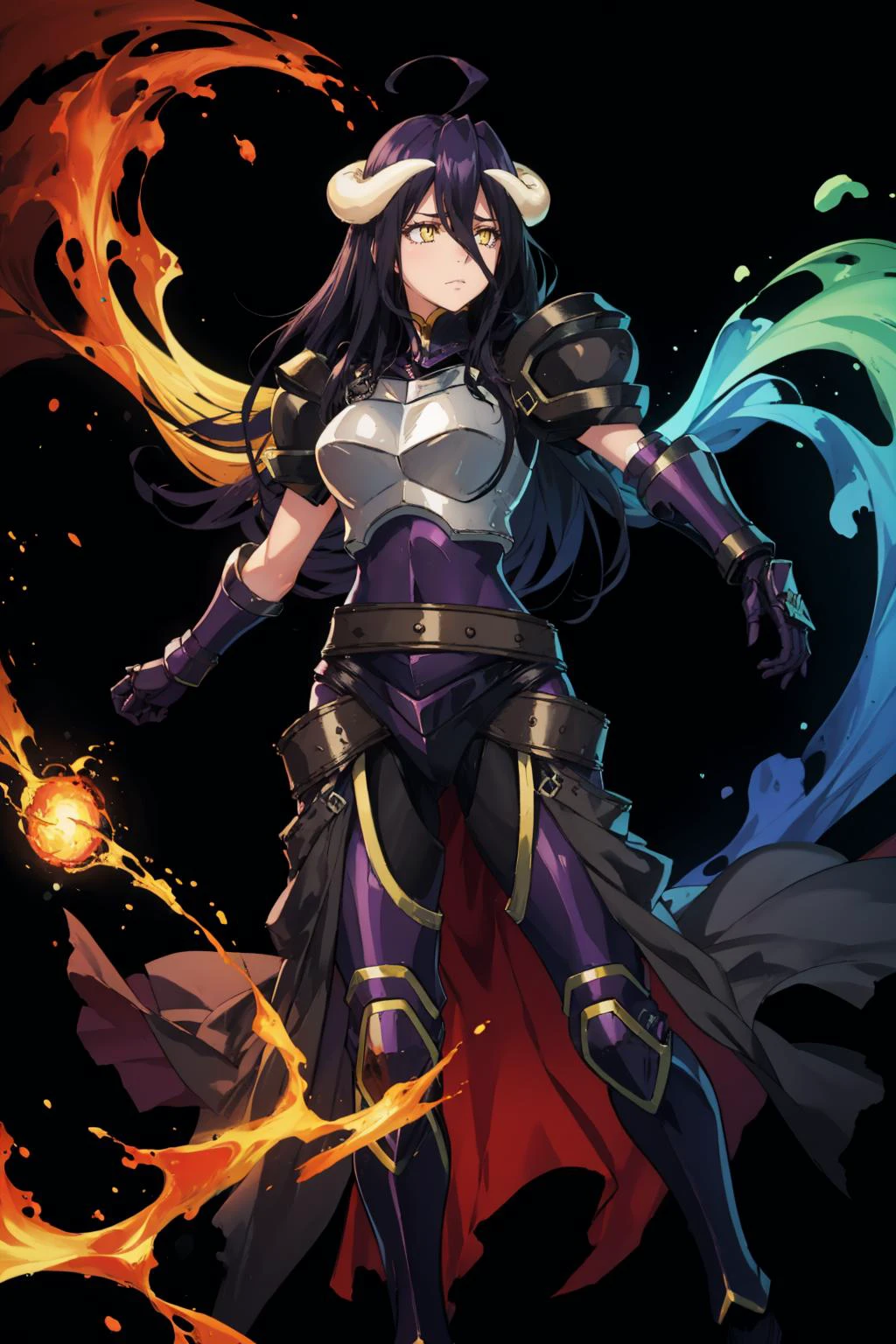 masterpiece, best quality, albedoarmor, black hair, ahoge, horns, slit pupils, black armor, pauldrons, shoulder armor, gauntlets, black background, simple background, FEH, whole body, standing, serious, red theme, fire <lora:ol_albedo-17:1> <lora:FEH_Concept_v2:1>
