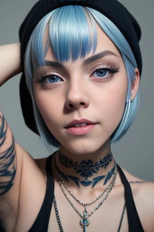 LunaBloomASMR  <lora:LunaBloomASMR:0.9> , masterpiece, best quality, high quality,extremely detailed CG unity 8k wallpaper, 1girl, solo, blue hair, tattoo, short hair, beanie, jewelry, smile, necklace, looking at viewer, hat, realistic, open mouth, teeth, upper body, tank top, nose, bare shoulders, artist name, black headwear, collarbone, arm tattoo, blue eyes, lips, blurry, oil paiting, award winning photography, Bokeh, Depth of Field, HDR, bloom, Chromatic Aberration ,Photorealistic,extremely detailed, trending on artstation, trending on CGsociety, Intricate, High Detail, dramatic, art by midjourney