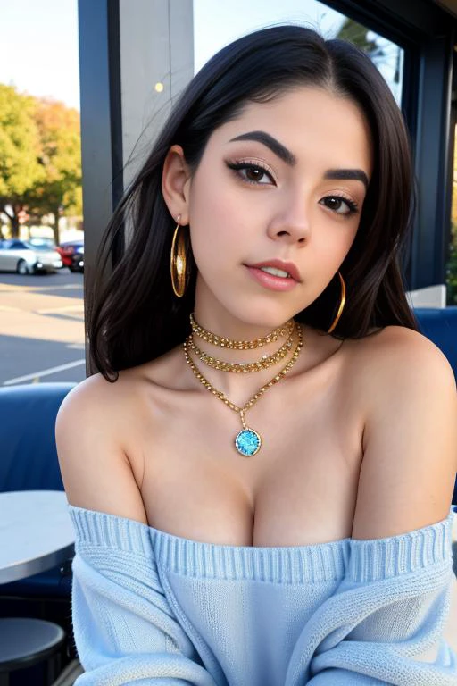 LunaBloomASMR <lora:LunaBloomASMR:0.9> piercing eyes, looking straight, very happy,long hair, wearing an off-shoulder sweater, choker, closeup portrait, in a outdoor cafe in 2015, afternoon light