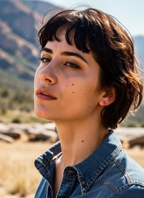 A stunning intricate color close up portrait of (sks woman:1) , wearing Flannel shirt and jeans, epic character composition, sharp focus, natural lighting, subsurface scattering, f2, 35mm, film grain, , by Ansel Adams, <lora:locon_charlottesartre_v1_from_v1_64_32:1>