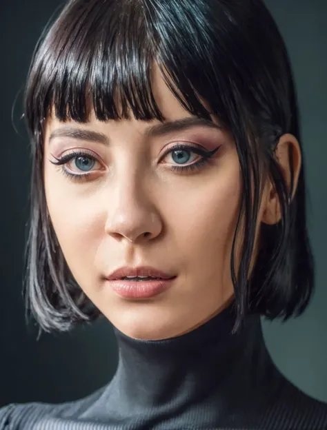 happy, A stunning intricate full color portrait of (sks woman:1), wearing a black turtleneck, epic character composition, by ilya kuvshinov, alessio albi, nina masic, sharp focus, natural lighting, subsurface scattering, f2, 35mm, film grain,      <lyco:locon_charlottesartre_v1_from_v1_64_32:1.25> sks woman
makeup, (open mouth:0.8), bobcut