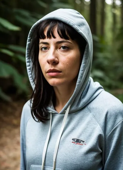 A stunning intricate color close up portrait of (sks woman:1) , wearing Hoodie and sweatpants, epic character composition, sharp focus, natural lighting, subsurface scattering, f2, 35mm, film grain, , by Gregory Crewdson, <lora:locon_charlottesartre_v1_from_v1_64_32:1>