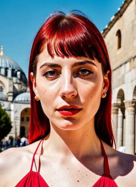 portrait of sks woman in Istanbul, at the Hagia Sophia, by Flora Borsi, style by Flora Borsi, bold, bright colours, ((Flora Borsi)), by William Eggleston, <lora:locon_charlottesartre_v1_from_v1_64_32:1>