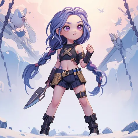 (masterpiece, best quality:1.2),
1girl, ((JinxLol)), braided twin tails,mature female, solo,looking at viewer, navel, gloves, fingerless gloves, midriff, bare shoulders, looking at viewer, gun, crop top, belt, full body, simple background, white background, <lora:justduet_sd15_01_done:0.6>, <lora:JinxLol:0.9>