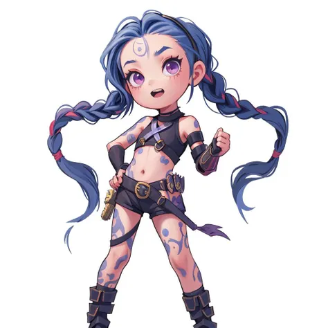 (masterpiece, best quality:1.2),
1girl, ((JinxLol)), braided twin tails, navel, gloves, fingerless gloves, midriff, bare shoulders, gun, crop top, belt, tattoo, full body, simple background, white background, <lora:justduet_sd15_01_done:0.6>, <lora:JinxLol:0.9>