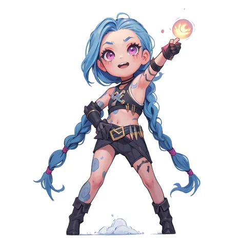 (masterpiece, best quality:1.2),
1girl, ((JinxLol)), ((braided twin tails):0.9), navel, gloves, fingerless gloves, midriff, bare shoulders, gun, crop top, belt, tattoo, full body, simple background, white background, <lora:justduet_sd15_01_done:0.6>, <lora:JinxLol:1.2>