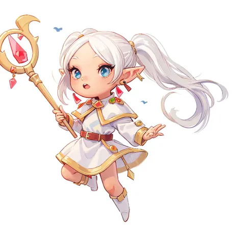 (masterpiece, best quality:1.2),
<lora:frieren:0.7> frieren, 1girl, staff, long hair, pointy ears, twintails, jewelry, elf, earrings, capelet, white capelet, long sleeves, parted bangs, dress, belt, full body, simple background, white background, <lora:justduet_anyv5_r50_768_a128-d16_adamW-000006:0.6>,
